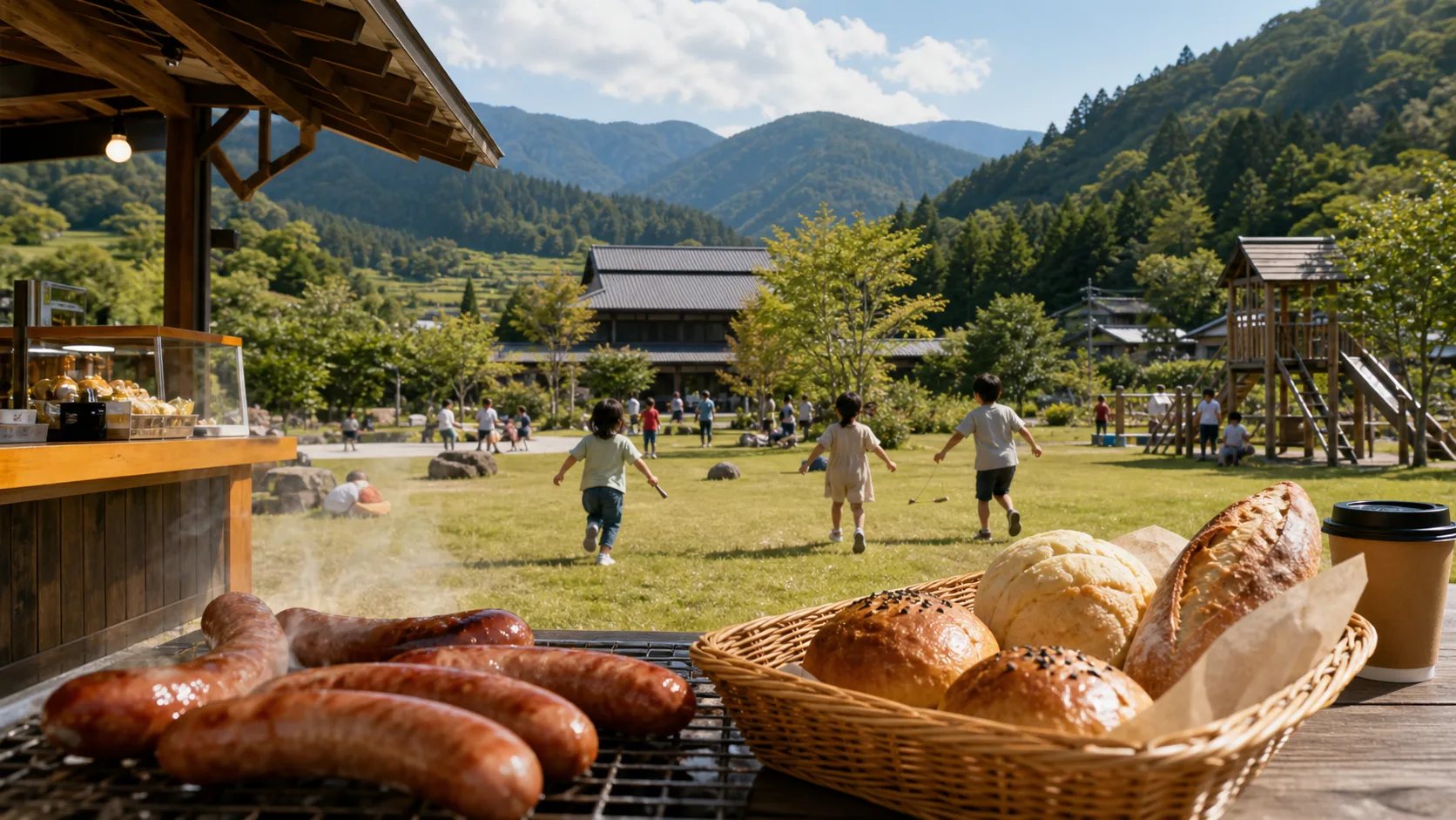 芝生と遊び場、焼き立てパンや肉料理を楽しむ家族連れのイメージ写真