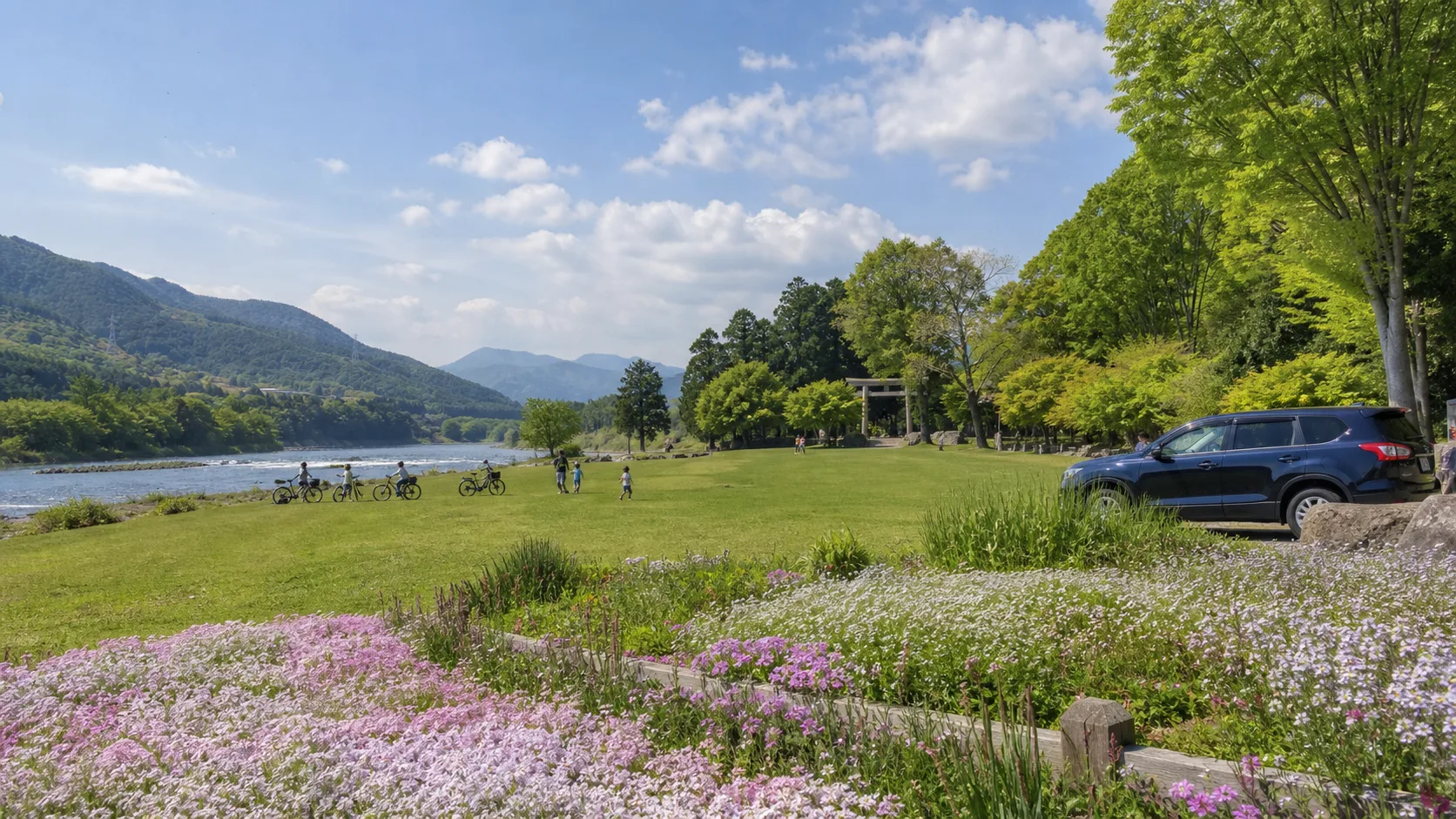 鬼怒川沿いの公園散策をイメージした写真調素材