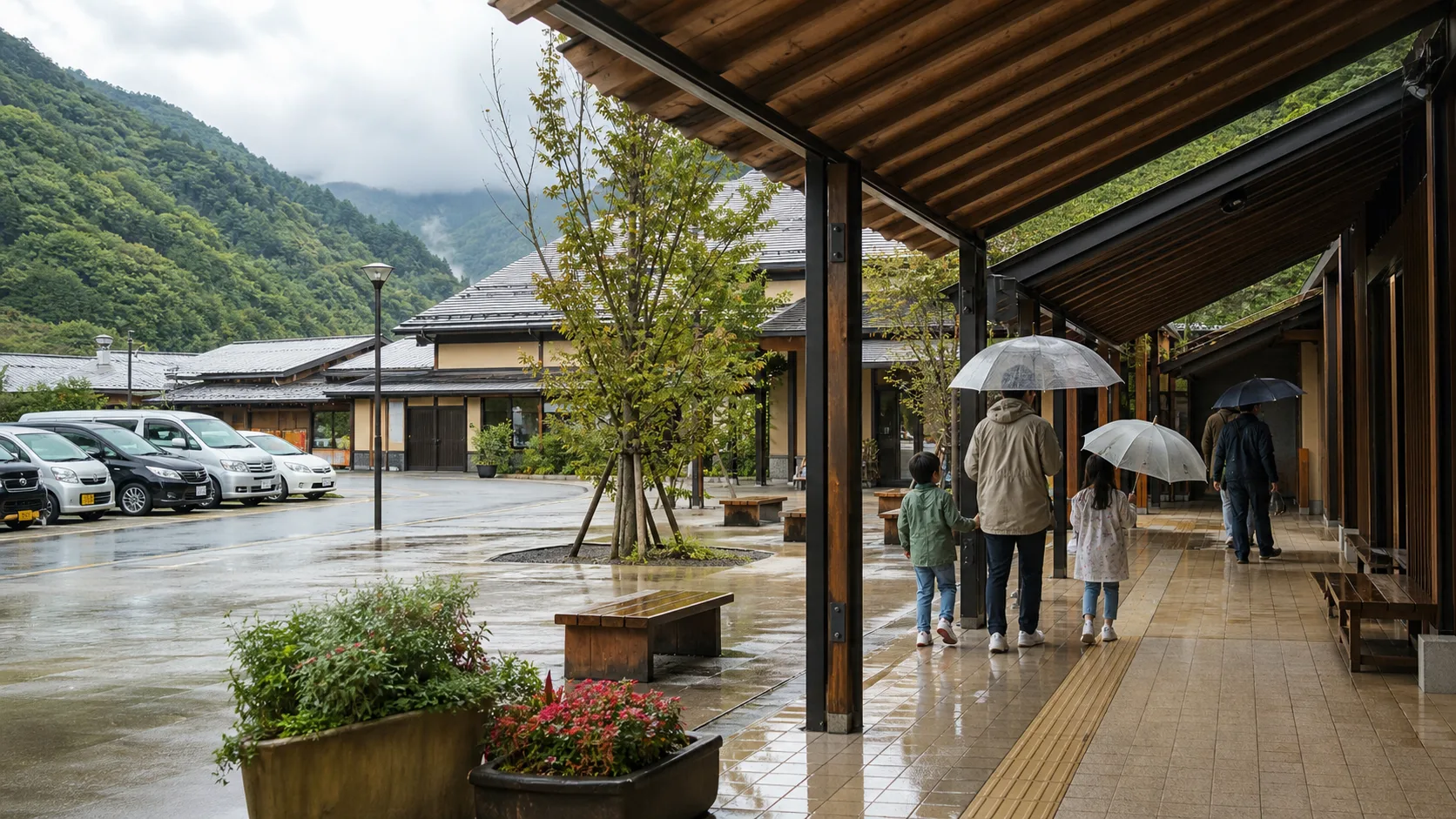雨の日に屋根のある通路で家族が休憩する写真調イメージ