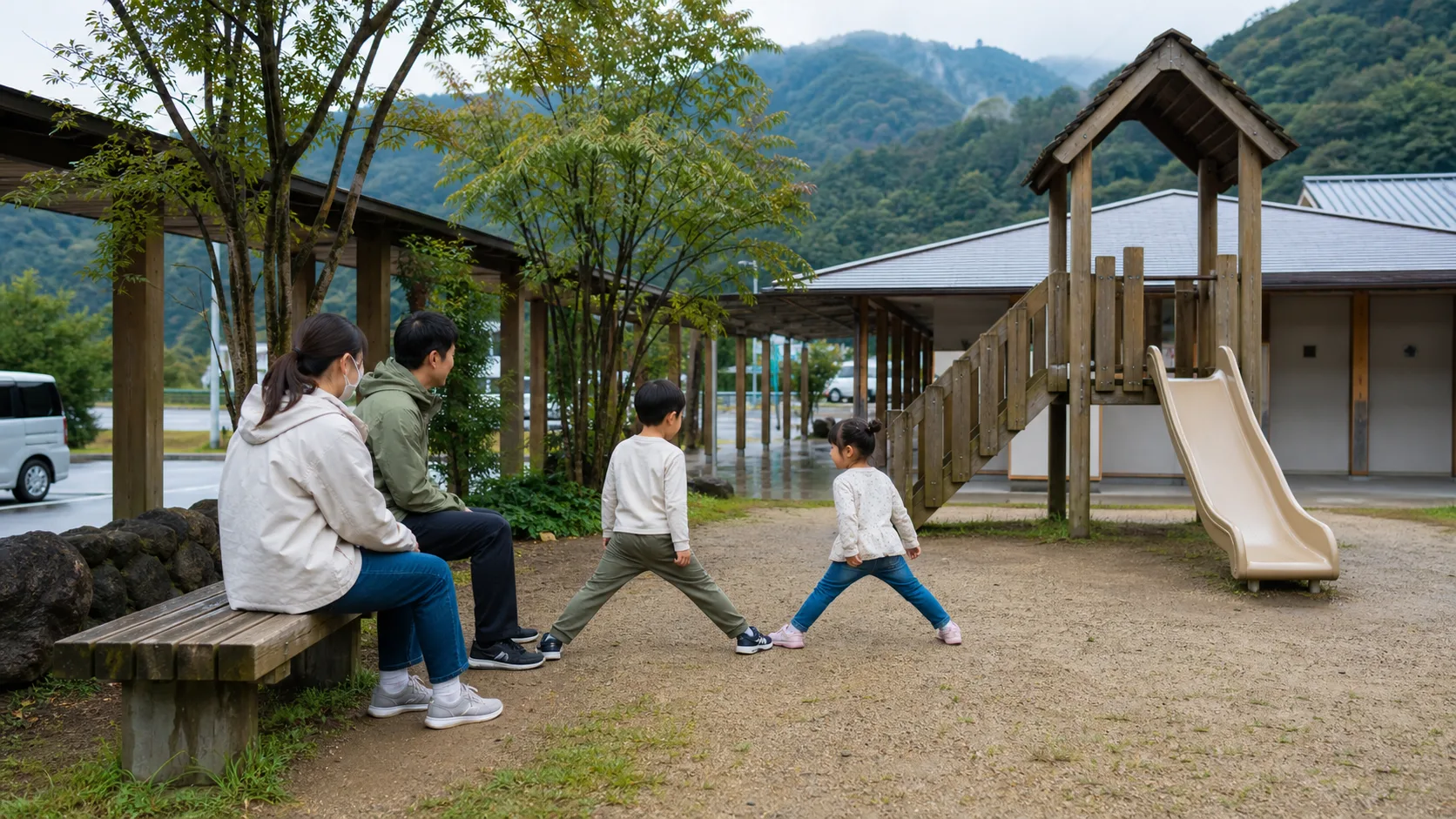 ミニ公園で家族が休憩する写真調イメージ
