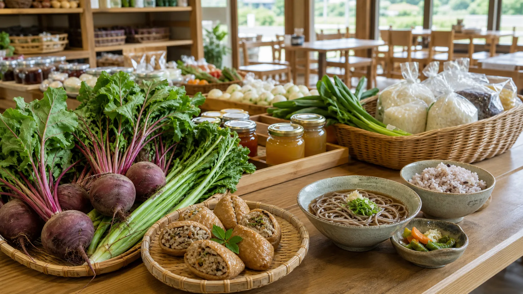 高山村の野菜、そばいなり、そば、米が並ぶ写真調イメージ