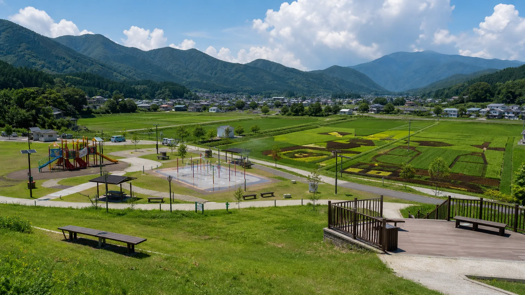 公園、田んぼアート、盆地の景色を見渡す写真調イメージ