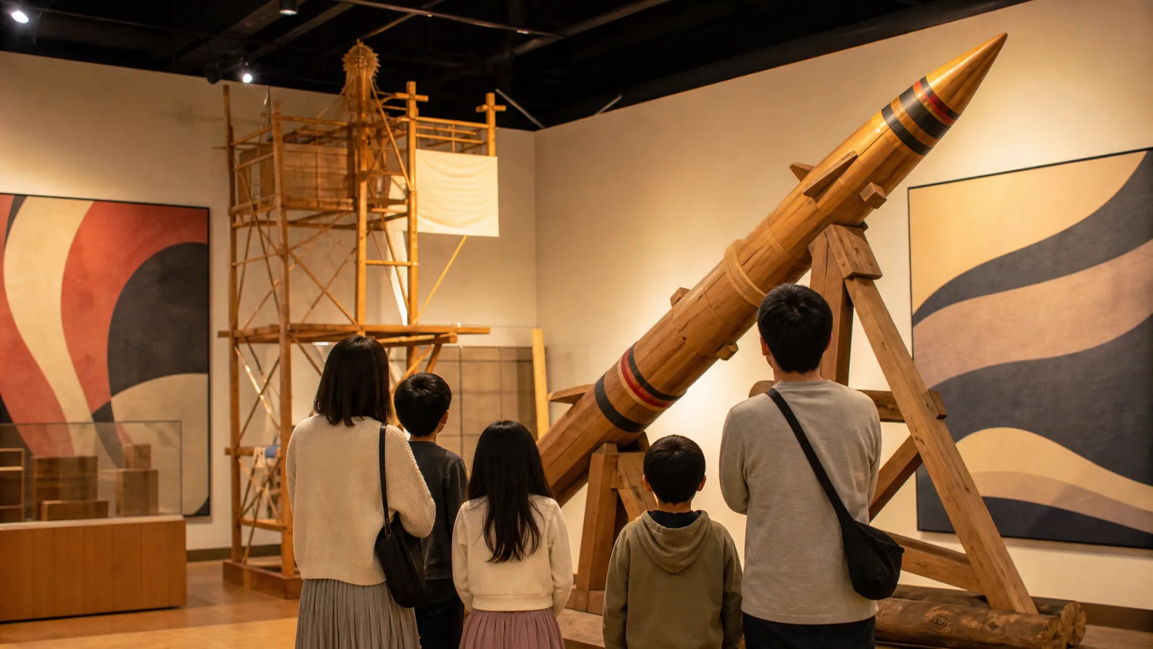 龍勢の展示を家族で見る写真調イメージ