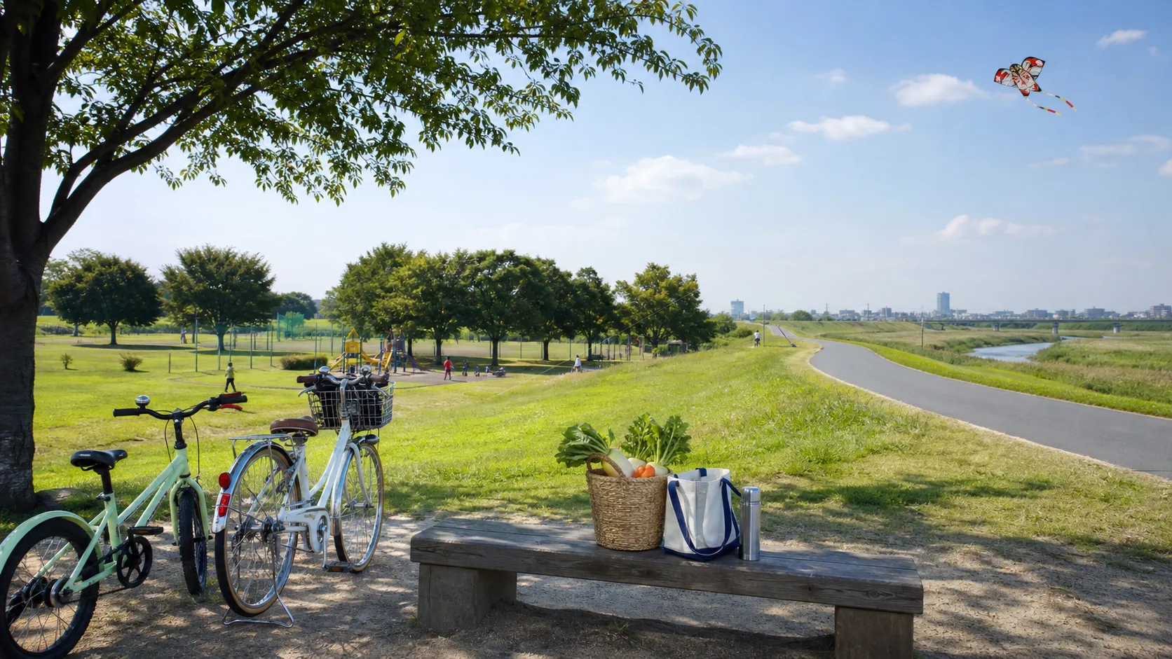 庄和周辺の公園と河川敷サイクリングを表す写真調イメージ
