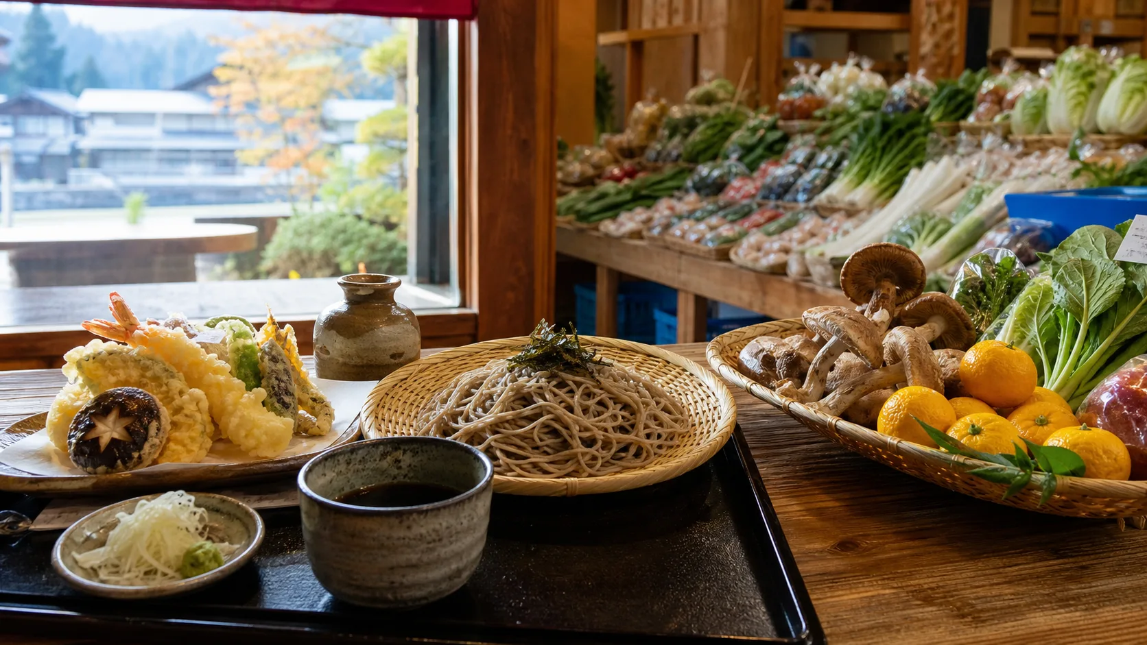 手打ち蕎麦と季節の農産物を表す写真調イメージ