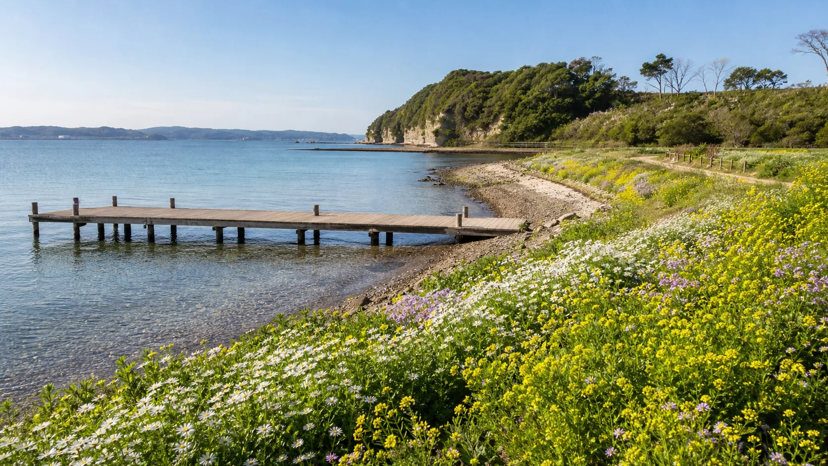 海辺、桟橋、花の寄り道を表す写真調イメージ