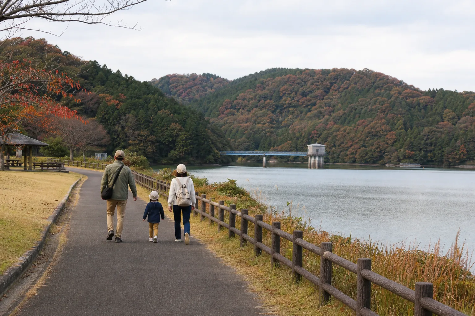 湖畔の散策路を家族で歩く写真調イメージ