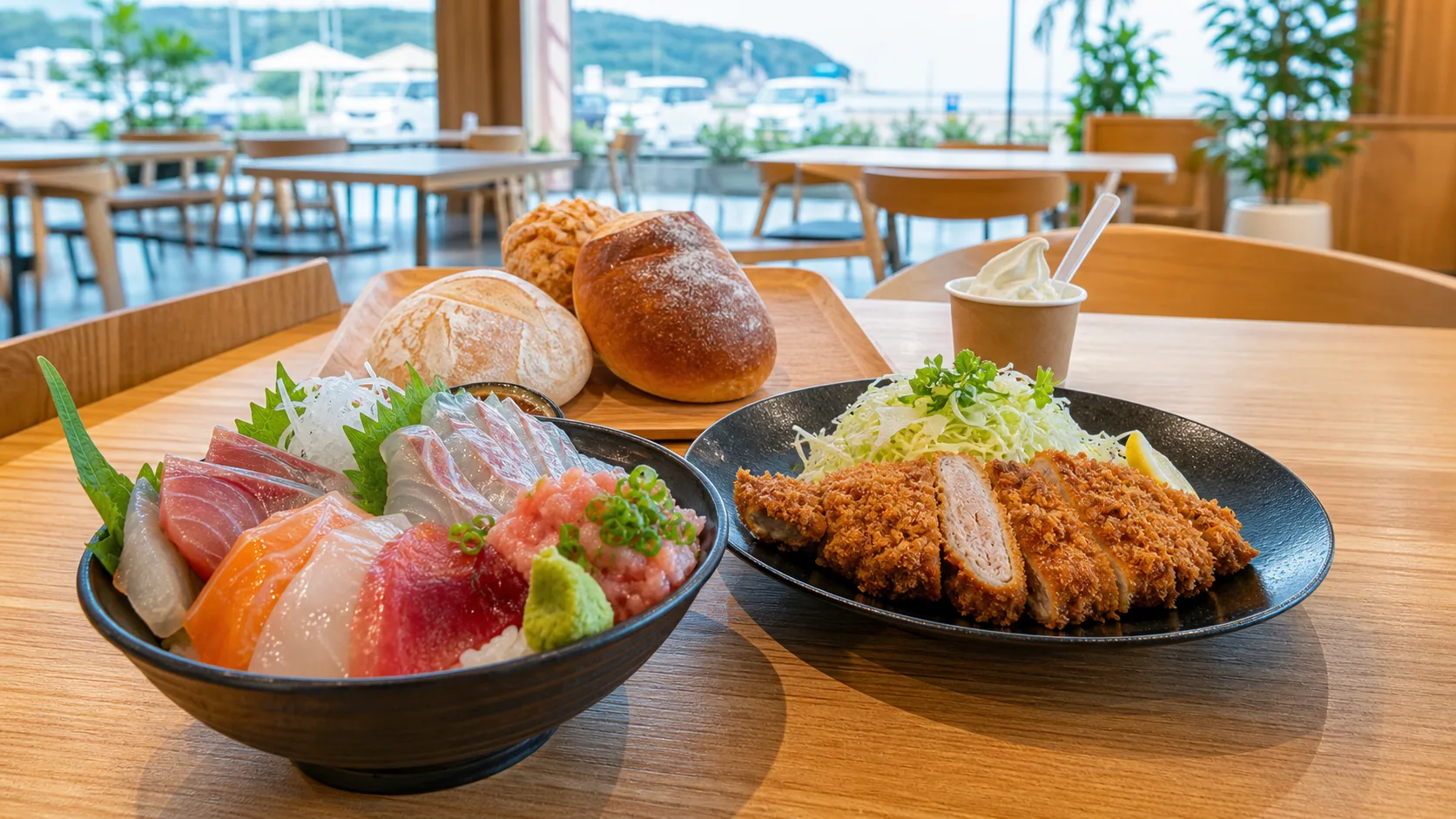 海鮮丼、肉料理、パン、ソフトクリームが並ぶフードコートのイメージ写真